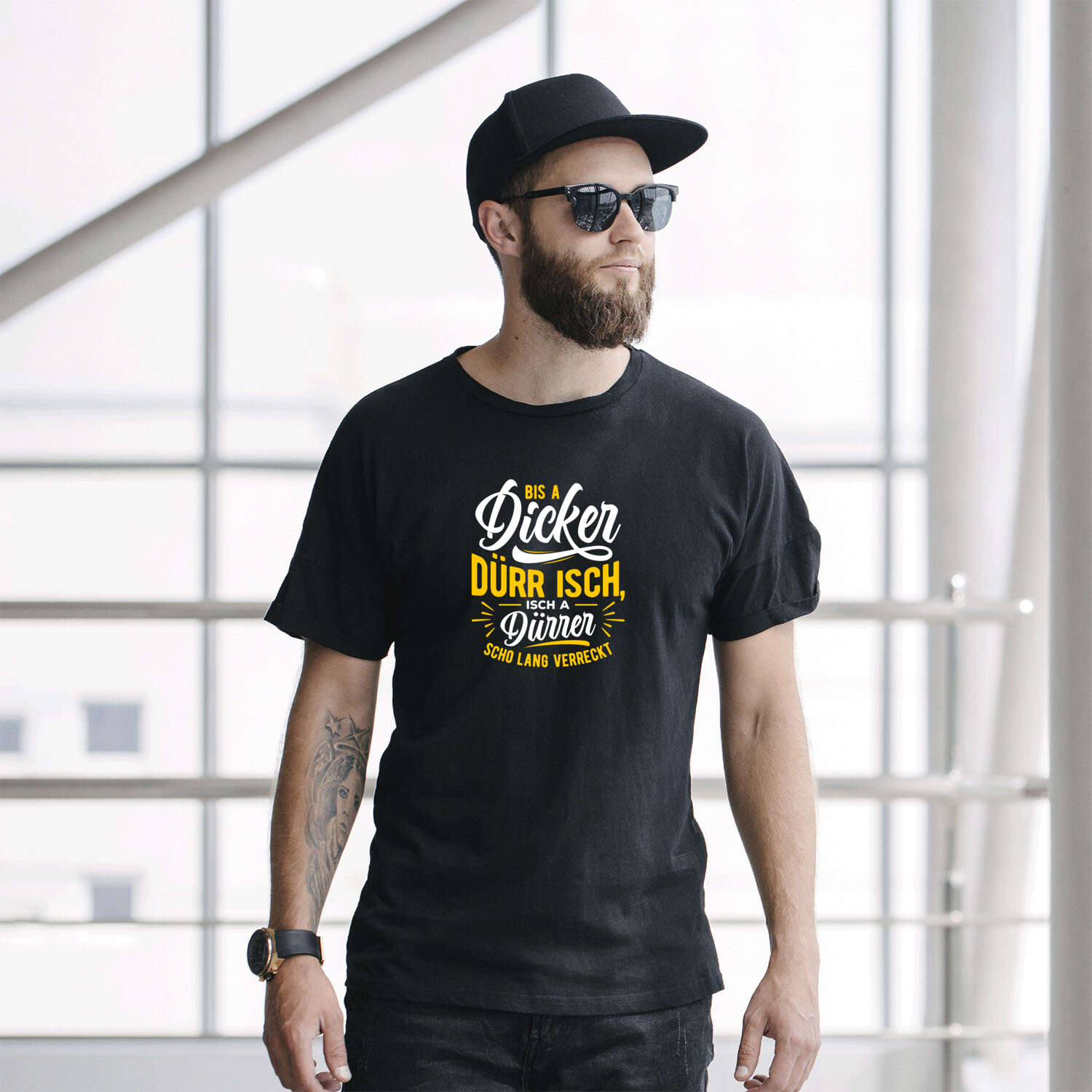 T-Shirt »Bis a Dicker dürr isch, isch a Dürrer scho lang verreckt«, Design »Allgäuer Rockabilly«