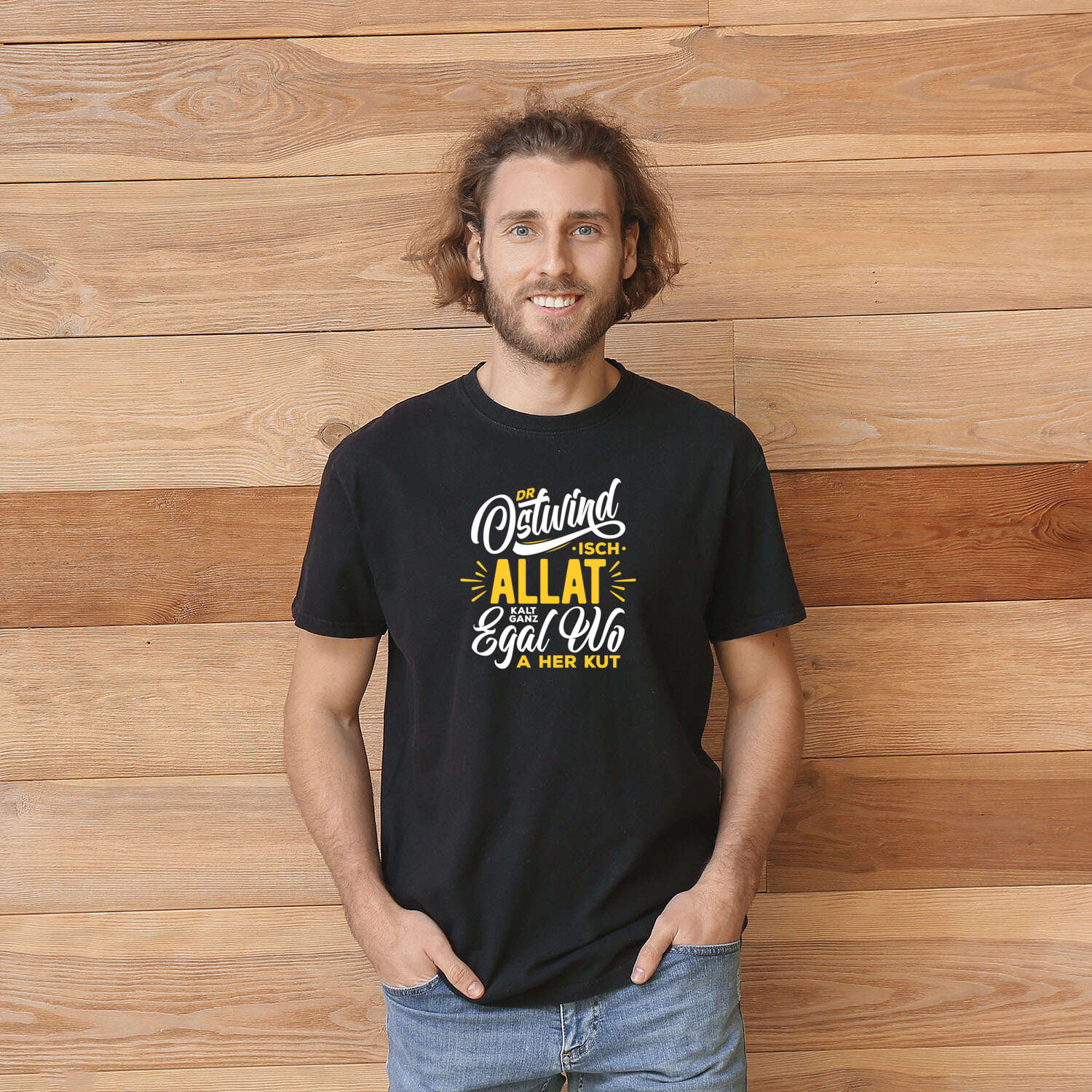 T-Shirt »Dr Ostwind isch allat kalt ganz egal wo a her kut«, Design »Allgäuer Rockabilly«