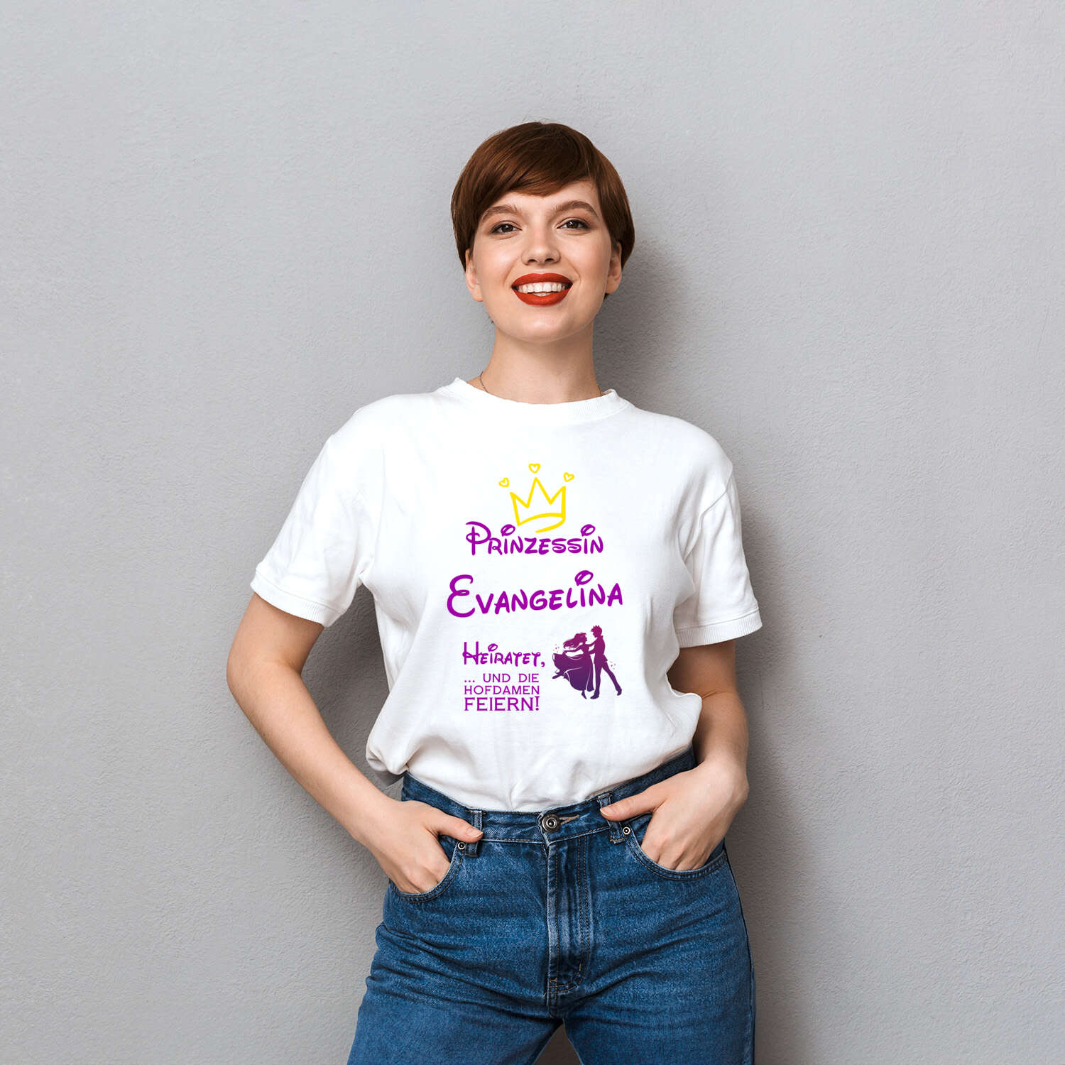 JGA T-Shirt »Prinzessin heiratet« für den Namen »Evangelina«