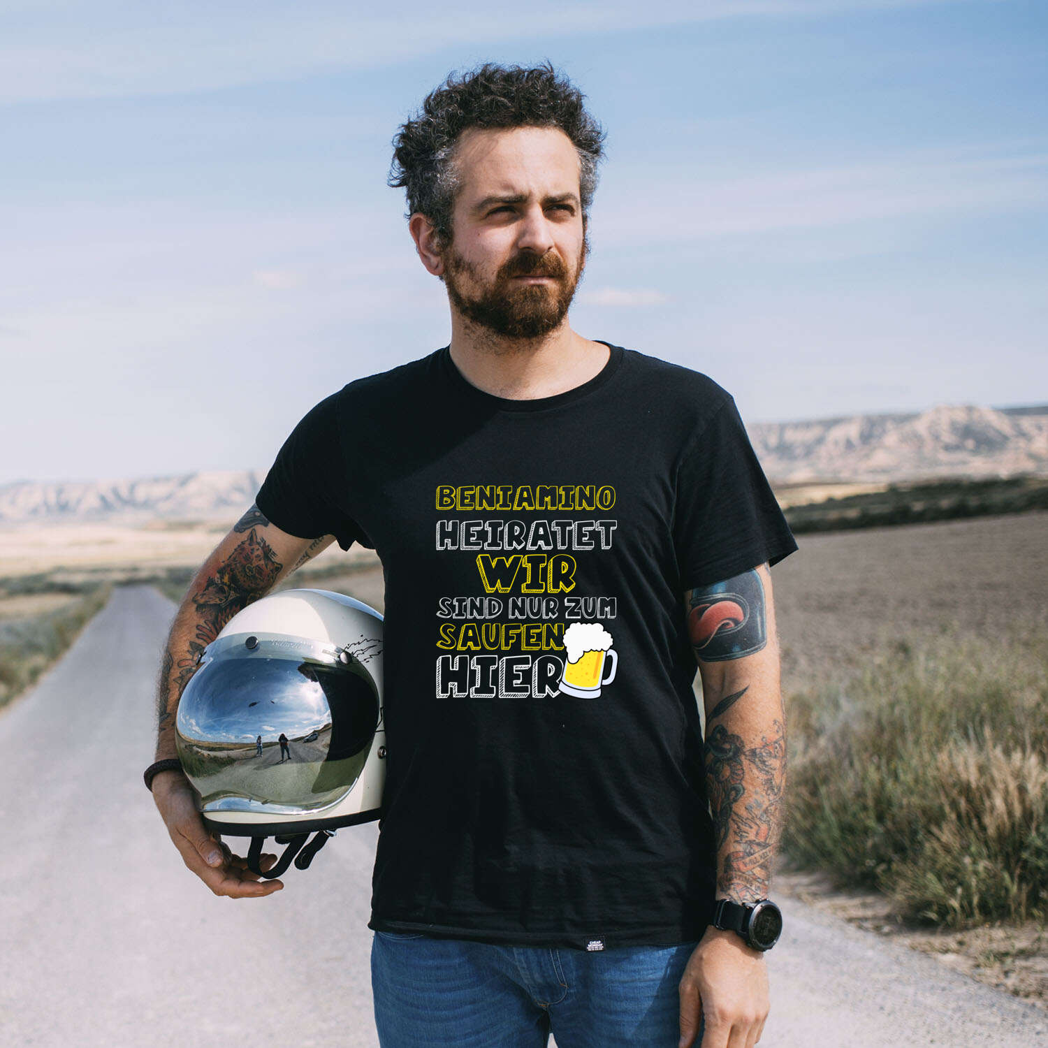 JGA T-Shirt »Wir sind nur zum Saufen hier« für den Namen »Beniamino«